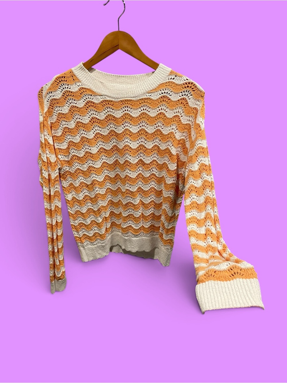 Cute Loft orange creamsicle chevron scallop open knit eyelet sweater crochet